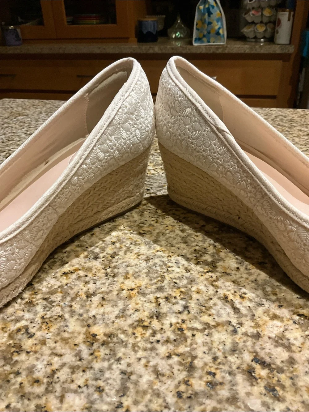 Bandolino Cream Embroidered Peep-Toe Espadrille Wedge